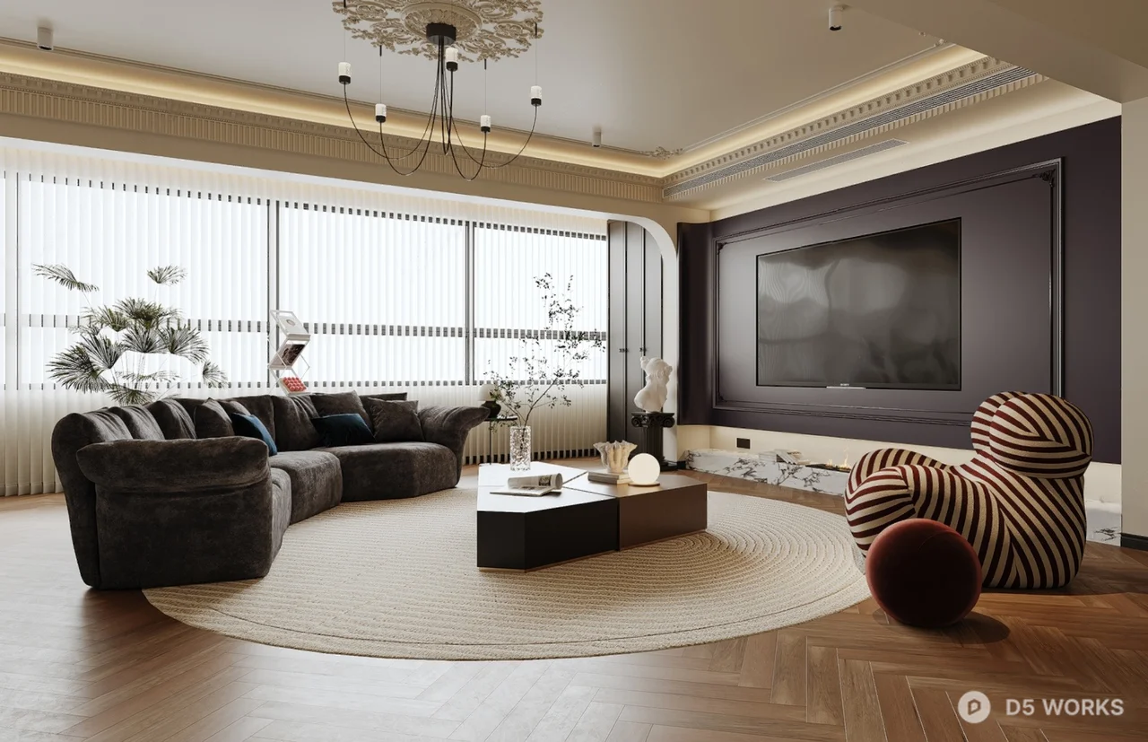 Modern Luxury Living Room with Curved Sofa and Statement Lighting 3d model - Image 1