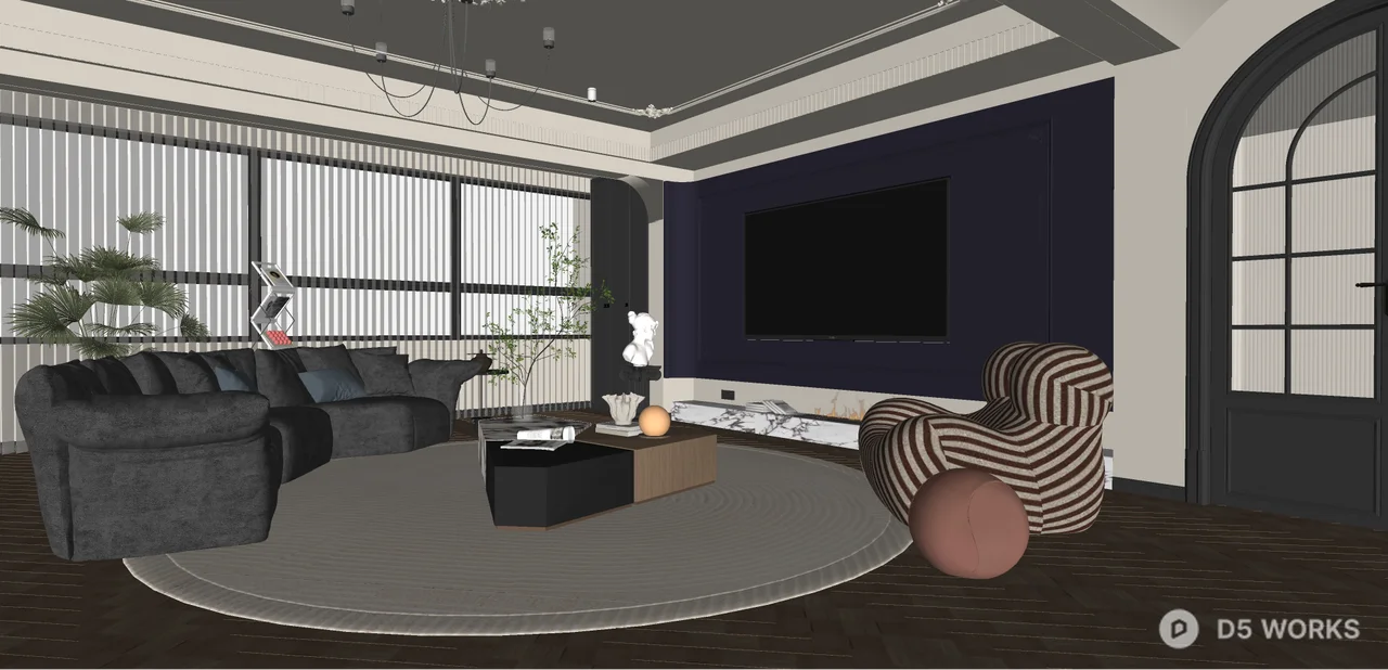 Modern Luxury Living Room with Curved Sofa and Statement Lighting 3d model thumbnail 2