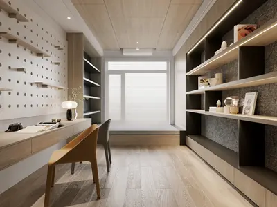 Modern Minimalist Study Room with Built In Shelving 3d model
