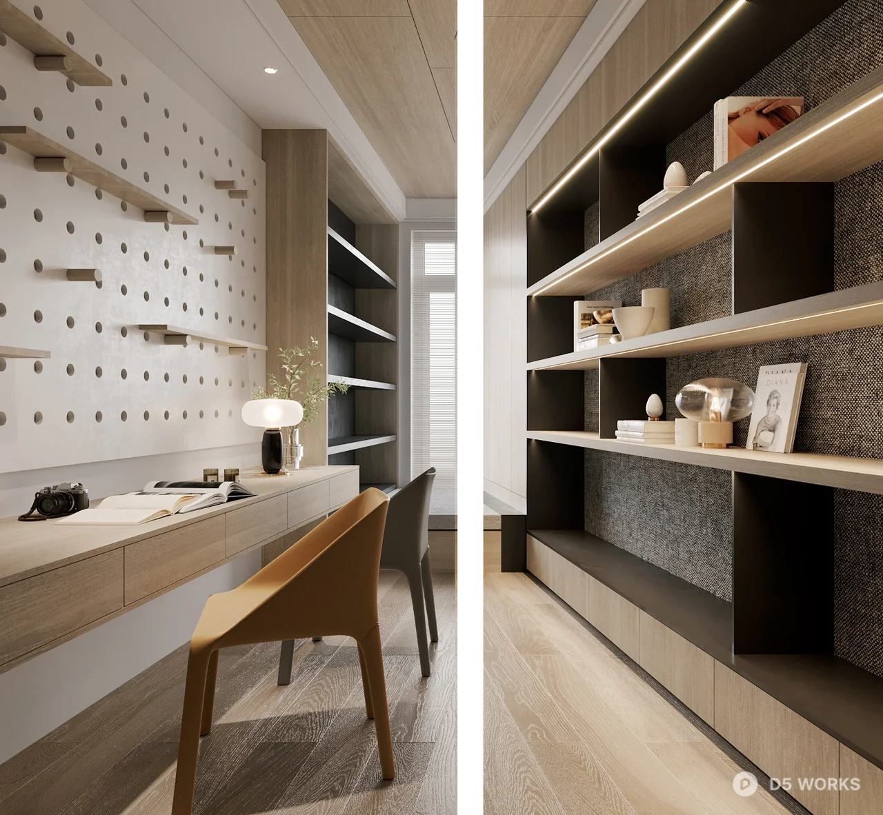 Modern Minimalist Study Room with Built In Shelving 3d model thumbnail 2