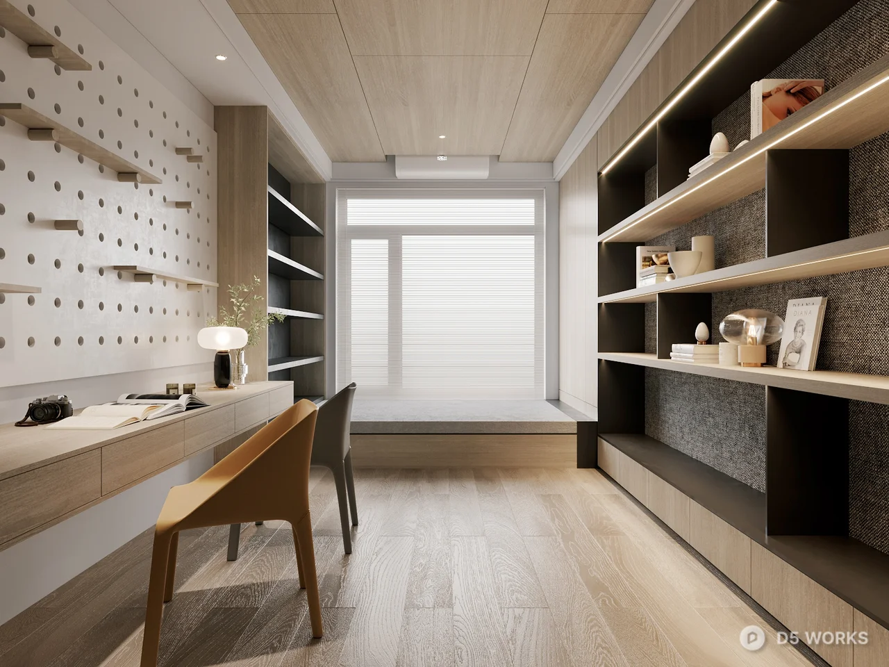 Modern Minimalist Study Room with Built In Shelving 3d model - Image 1