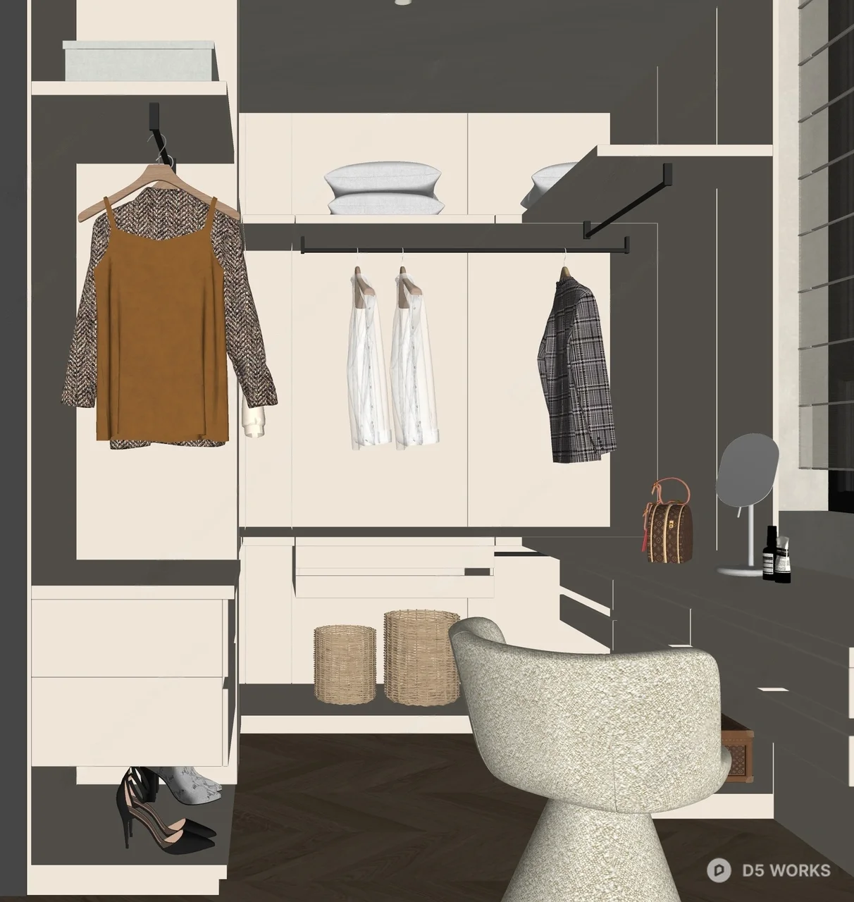 Minimalist Walk In Closet With Integrated Desk 3d model thumbnail 2