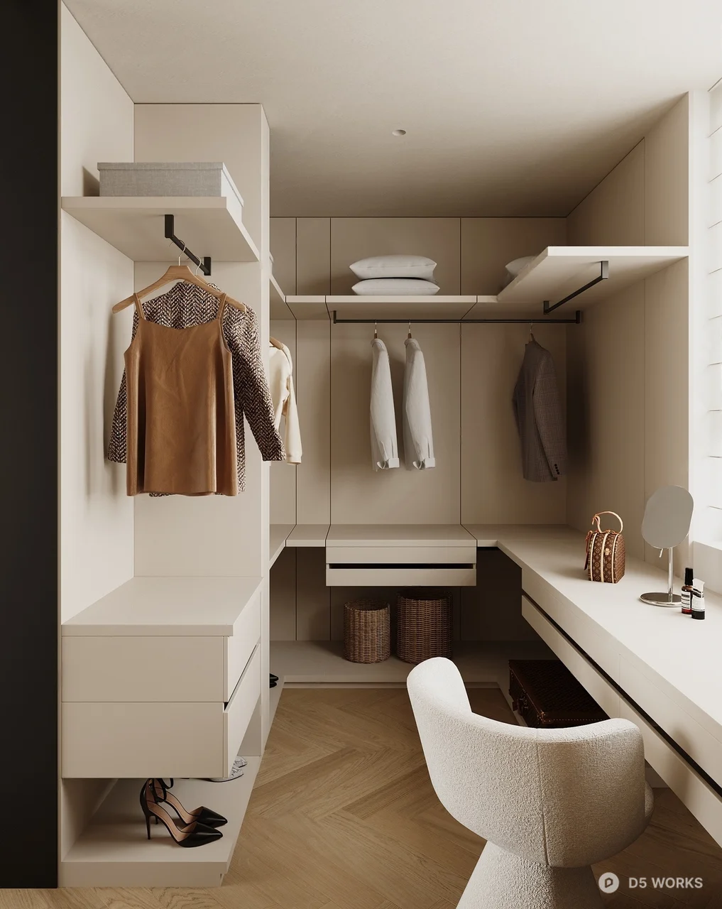 Minimalist Walk In Closet With Integrated Desk 3d model - Image 1