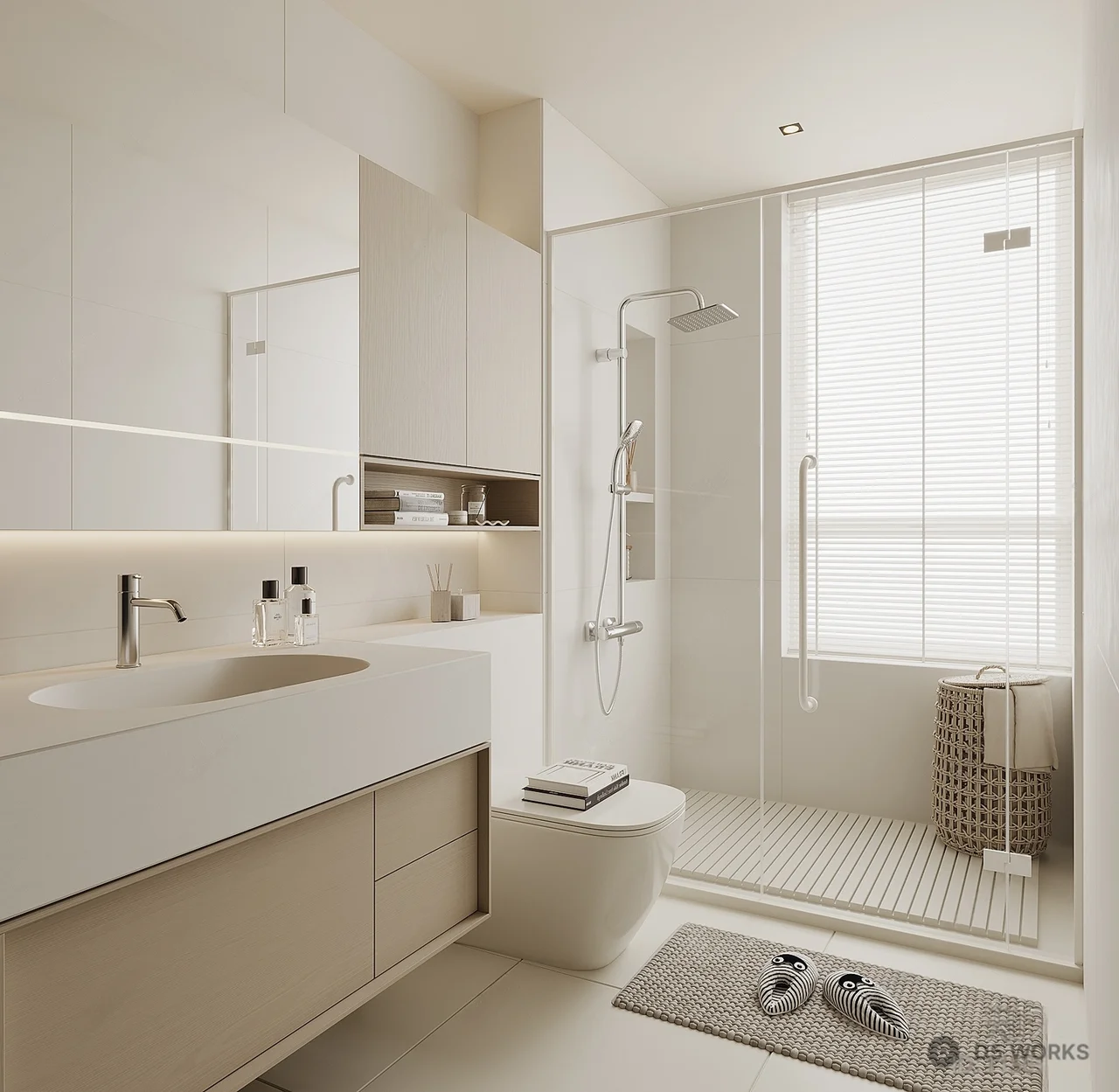 Minimalist Modern Bathroom With Integrated Vanity And Glass Shower 3d model - Image 1