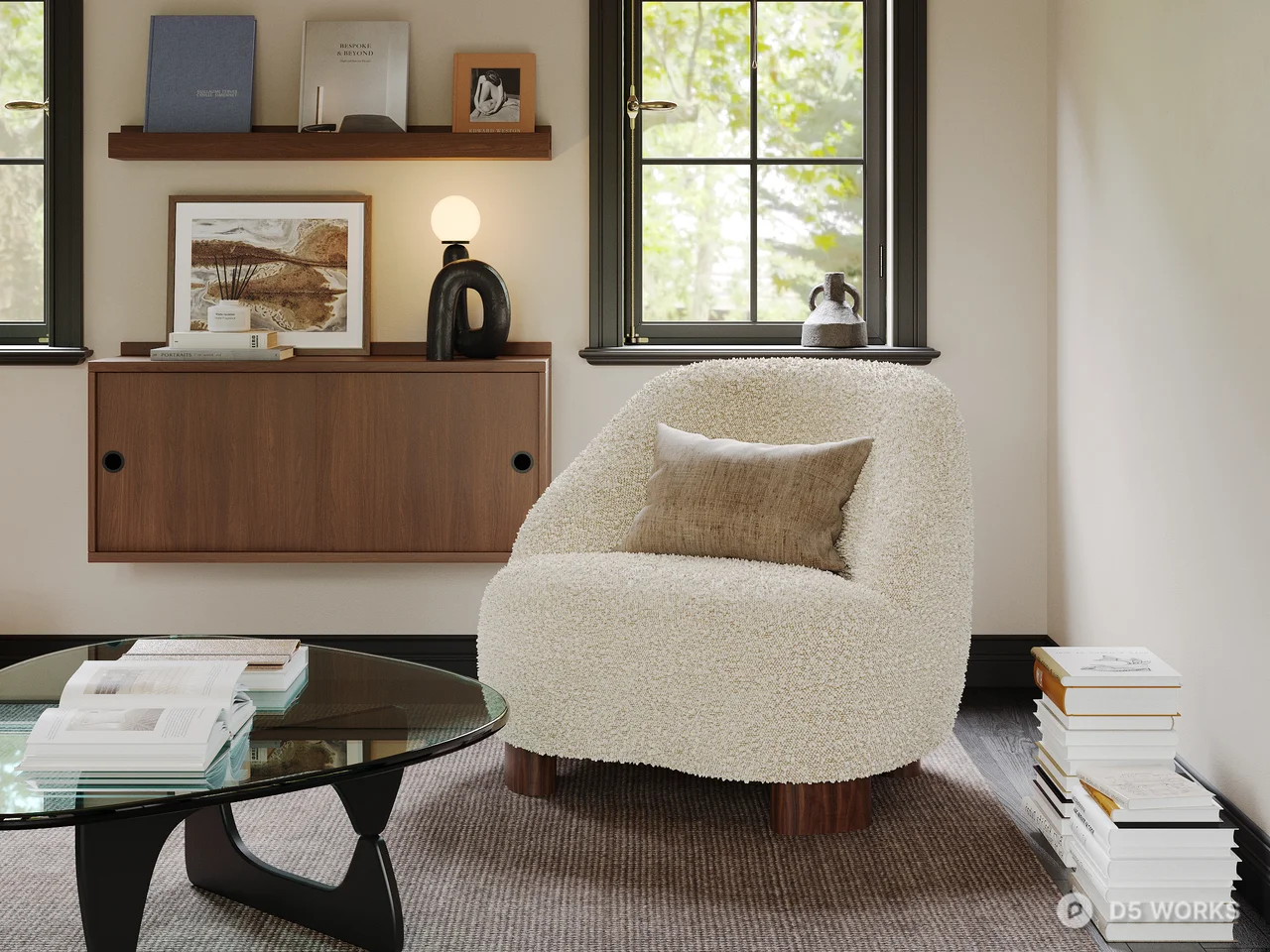 Modern Living Room with Minimalist Sofa and Pendant Light 3d model thumbnail 3