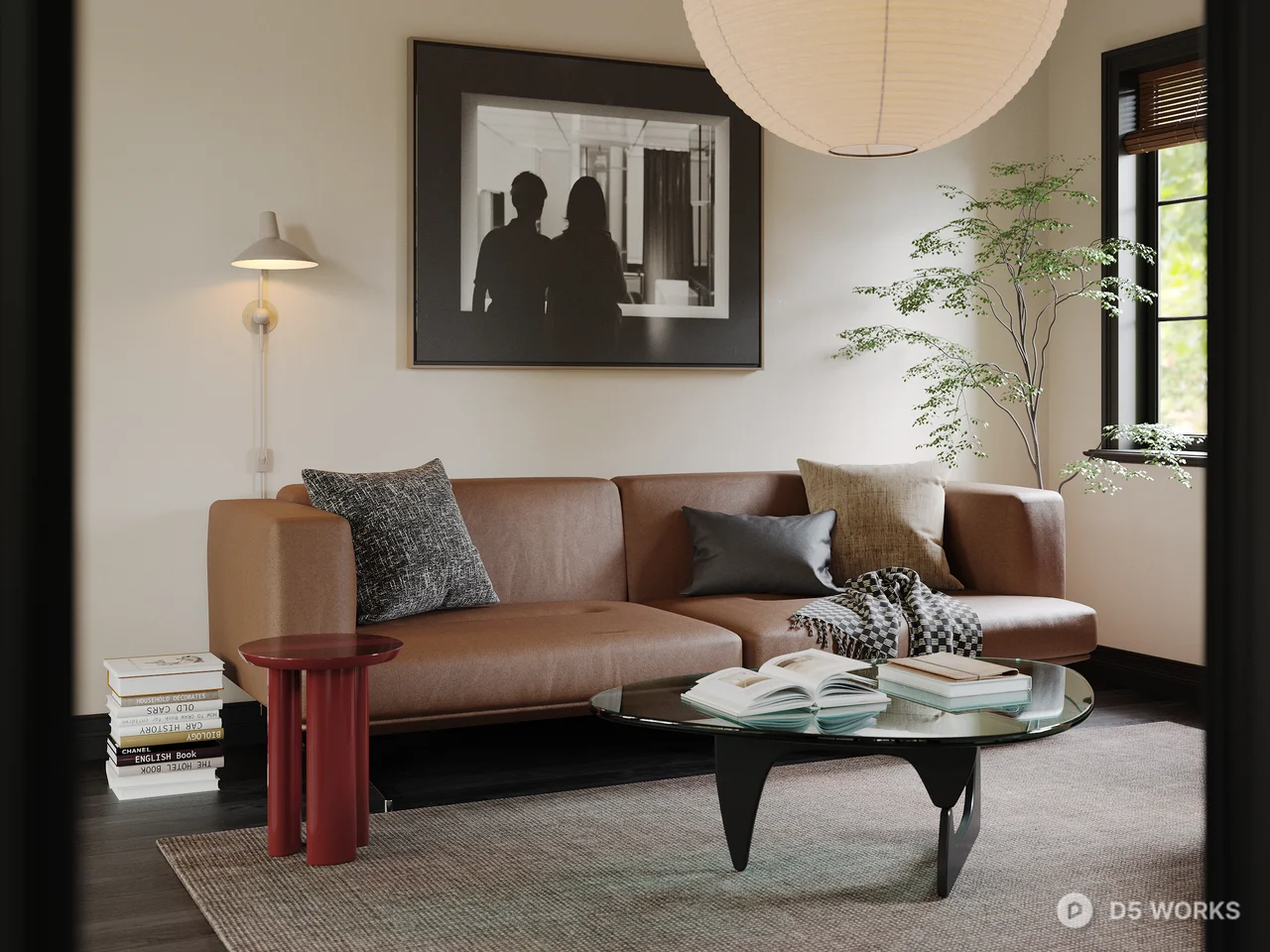 Modern Living Room with Minimalist Sofa and Pendant Light 3d model thumbnail 2