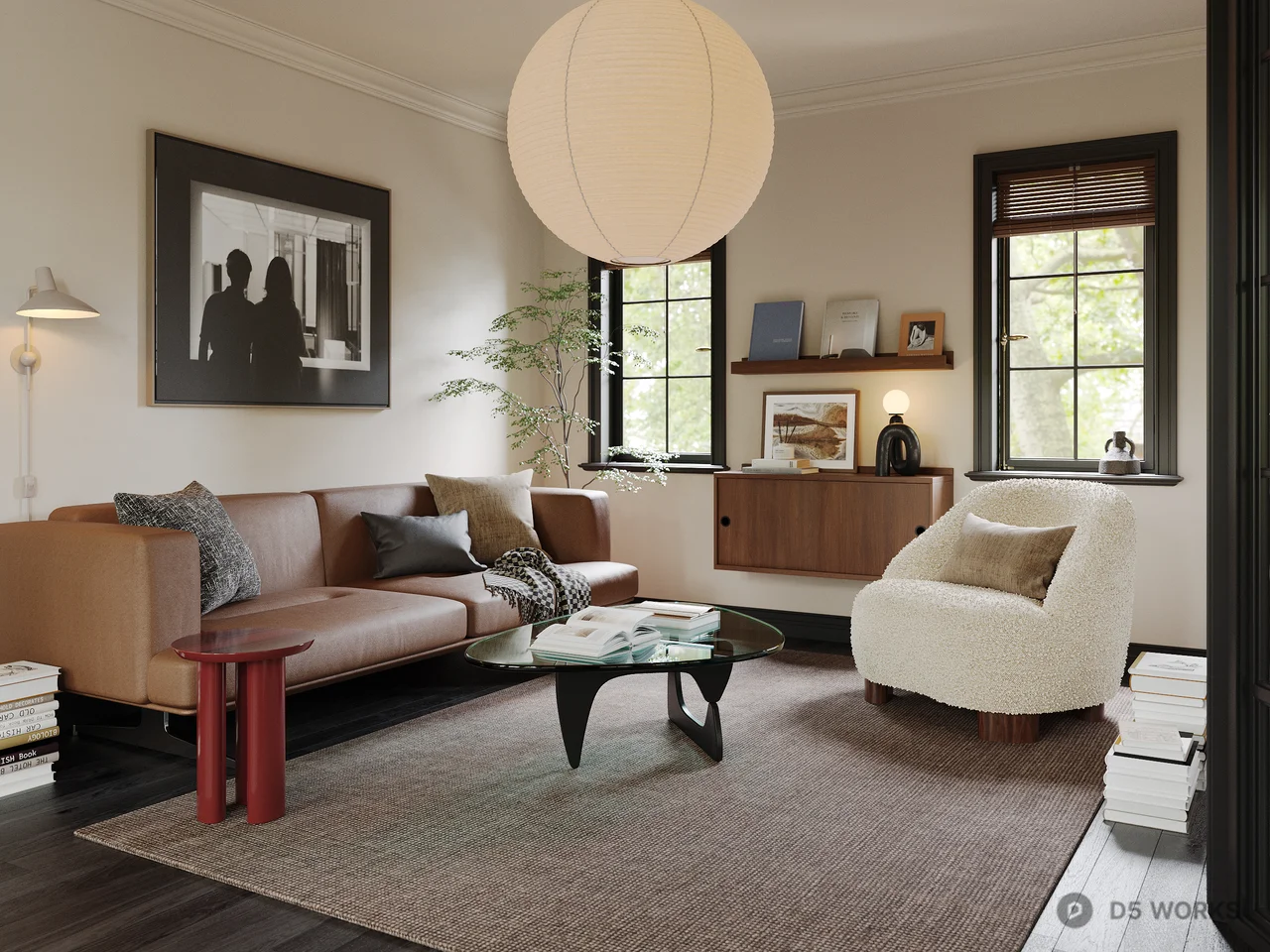 Modern Living Room with Minimalist Sofa and Pendant Light 3d model - Image 1