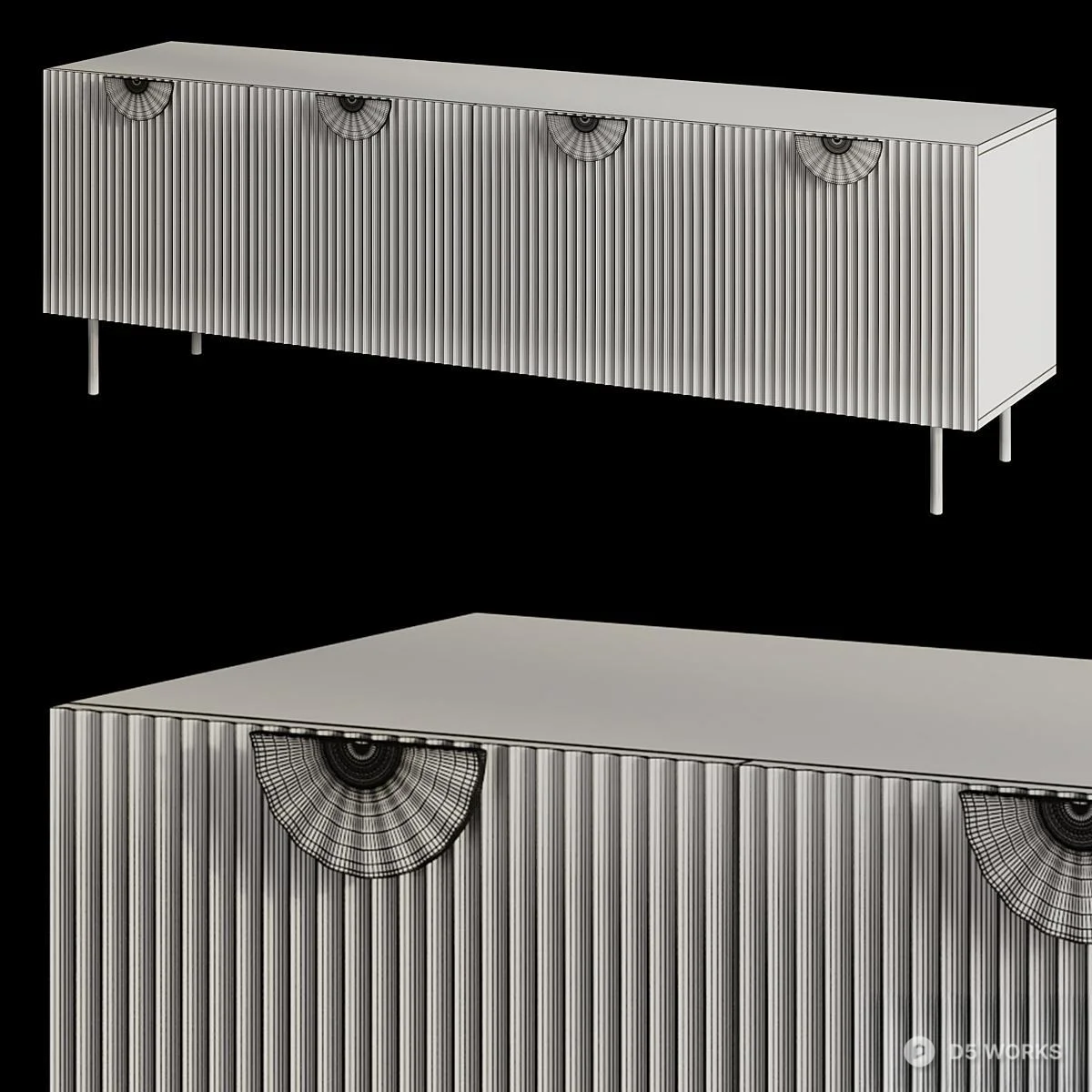Ribboned Fluted TV Cabinet With Shell Handles 3d model thumbnail 2