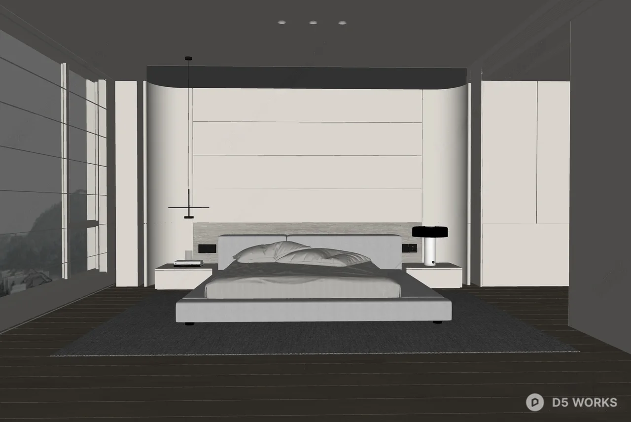 Minimalist Bedroom with Platform Bed and Linear Headboard 3d model thumbnail 2
