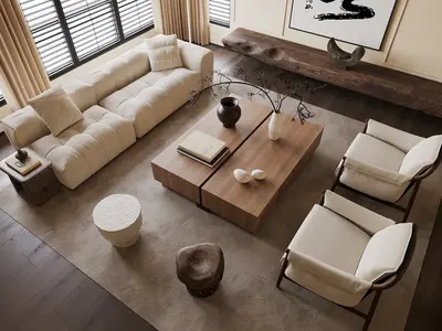 Wabi-Sabi Living Room With Modular Sofa And Wooden Coffee Table 3d model