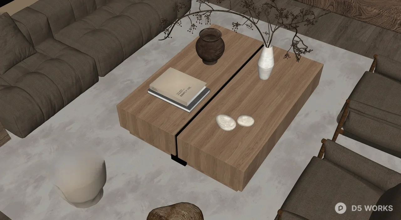 Wabi-Sabi Living Room With Modular Sofa And Wooden Coffee Table 3d model thumbnail 2