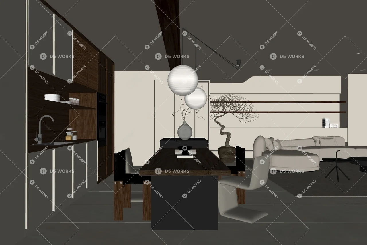 Modern Living & Dining Room 3d model thumbnail 2