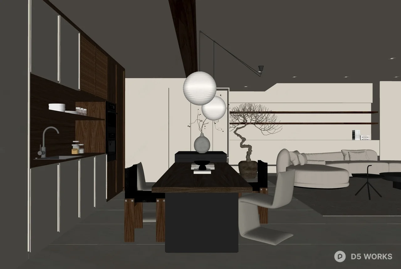 Minimalist Open Plan Living Dining Space 3d model thumbnail 2