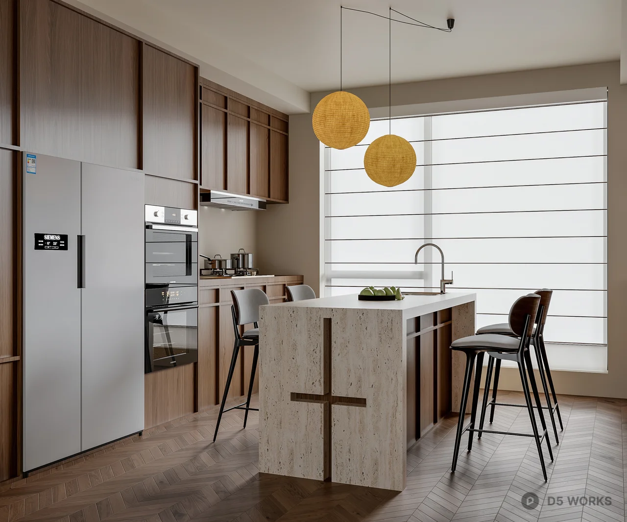 Modern Minimalist Dining Space with Island and Pendant Lights 3d model thumbnail 3
