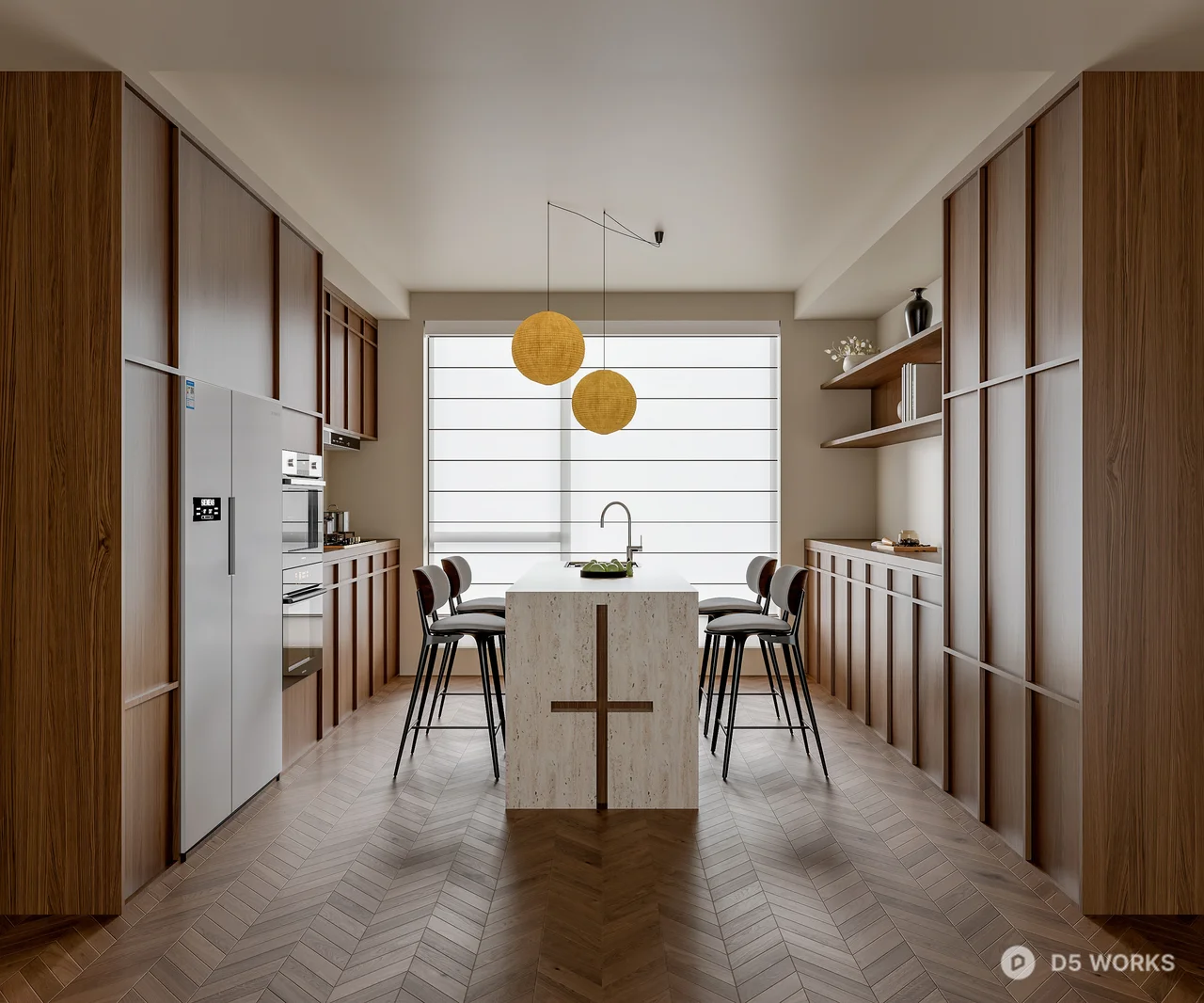 Modern Minimalist Dining Space with Island and Pendant Lights 3d model - Image 1