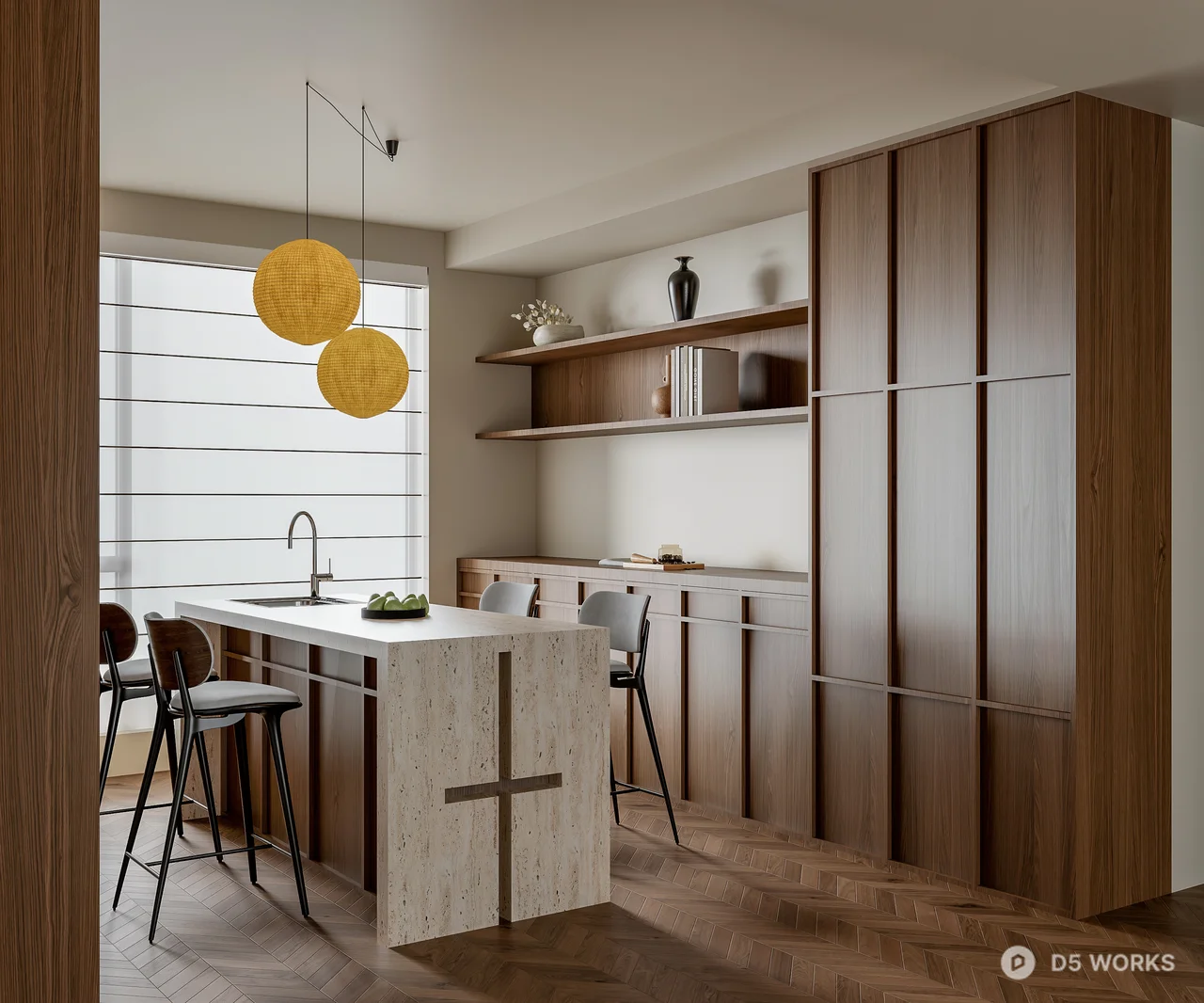 Modern Minimalist Dining Space with Island and Pendant Lights 3d model thumbnail 2