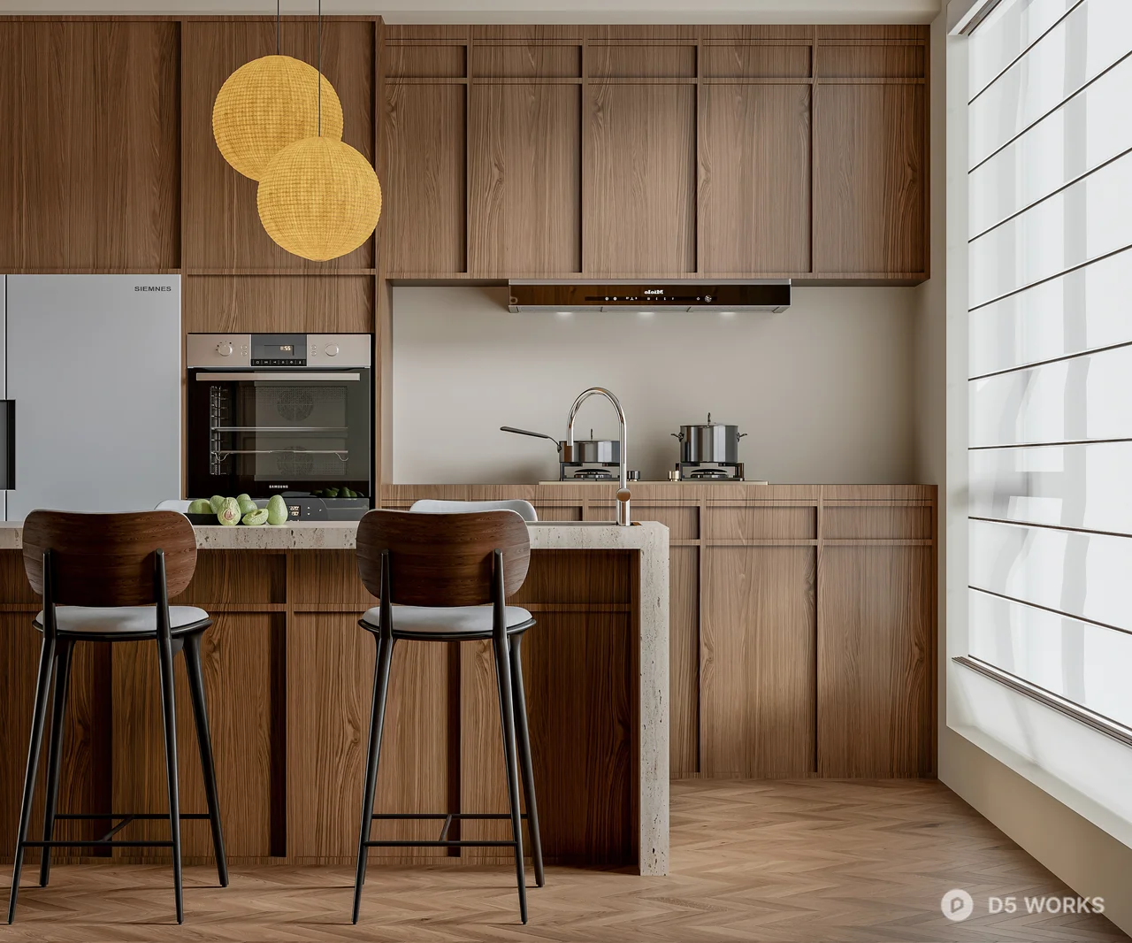 Modern Minimalist Dining Space with Island and Pendant Lights 3d model thumbnail 4