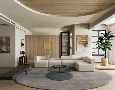 Modern Minimalist Living Room with Curved Ceiling 3d model