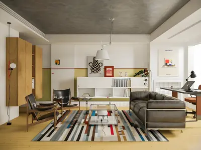 Minimalist Living Room with Striped Rug and Leather Sofa 3d model