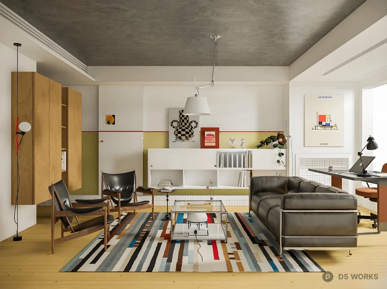 Minimalist Living Room with Striped Rug and Leather Sofa 3d model - Image 1
