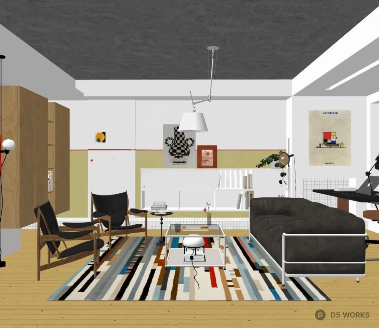 Minimalist Living Room with Striped Rug and Leather Sofa 3d model thumbnail 2