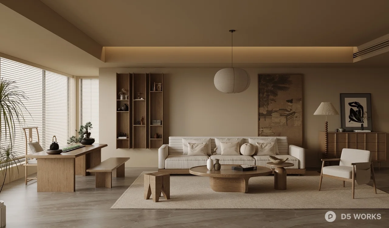 Minimalist Living Room with Warm Lighting 3d model - Image 1
