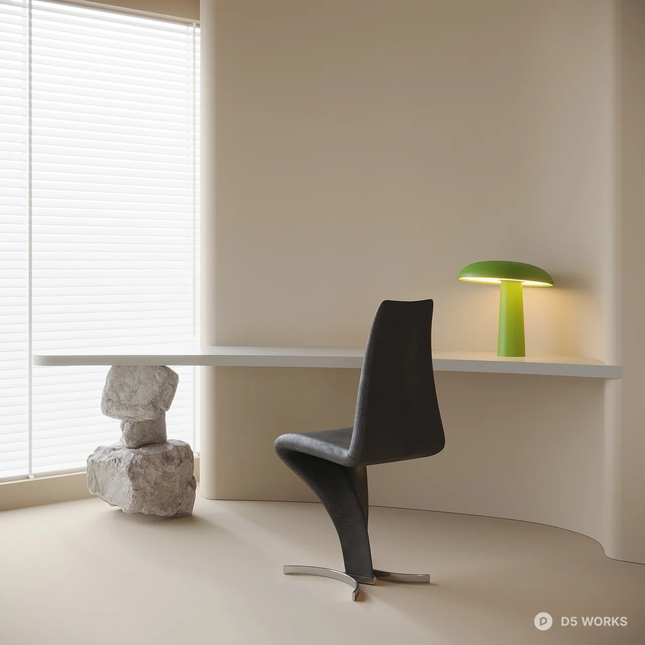 Minimalist Stone Base Desk With Green Lamp 3d model - Image 1
