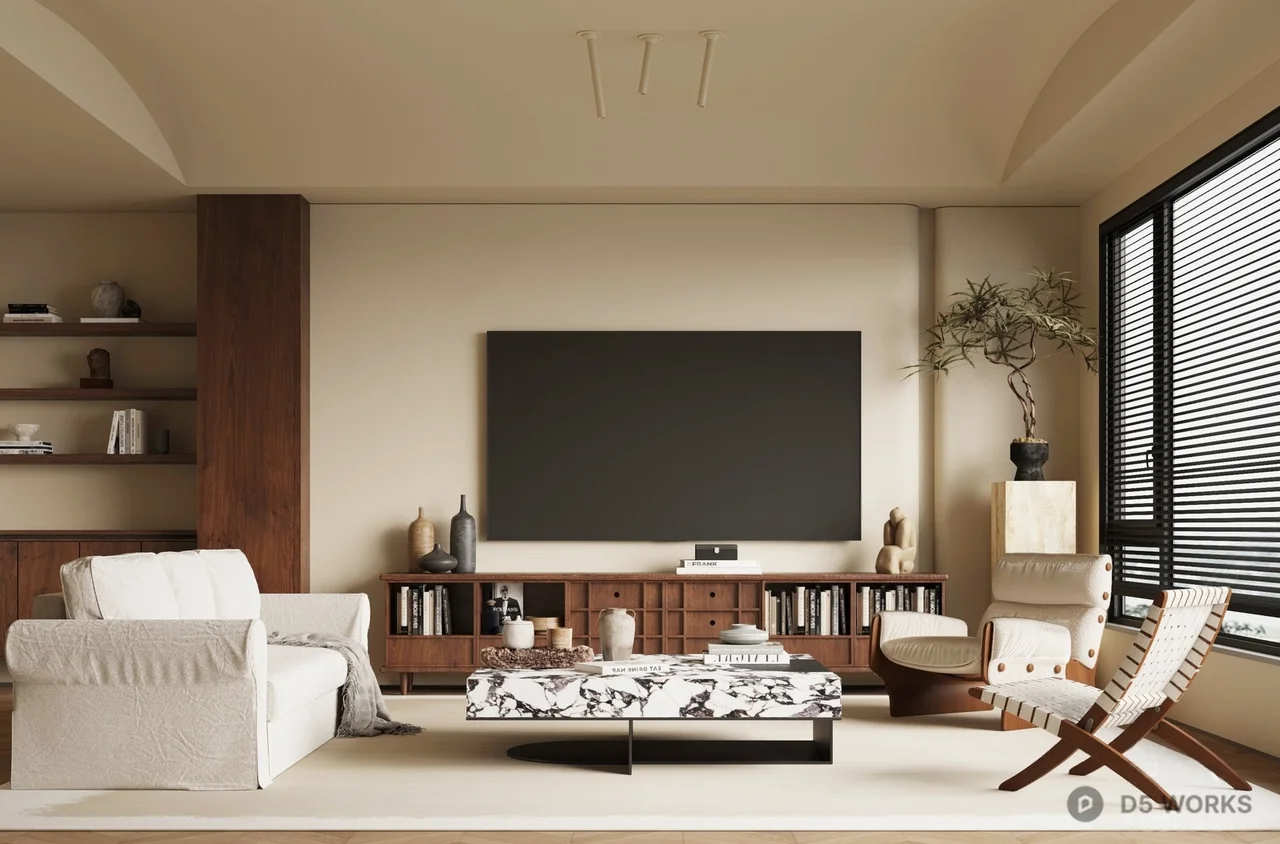 Minimalist Living Room with Wooden Accents 3d model - Image 1