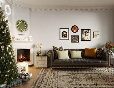 Transitional Living Room with Fireplace and Christmas Decor 3d model