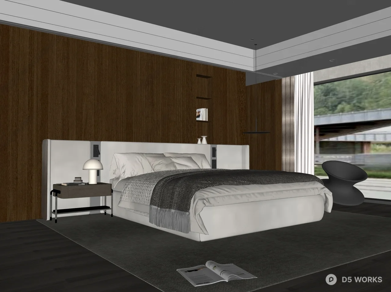 Modern Minimalist Bedroom With Large Window View 3d model thumbnail 2