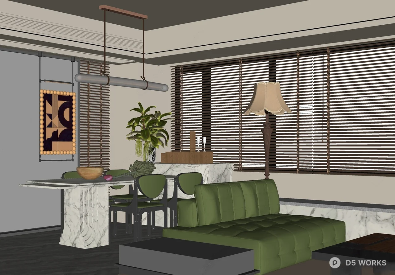 Modern Minimalist Dining Space With Marble Island And Wooden Blinds 3d model thumbnail 2