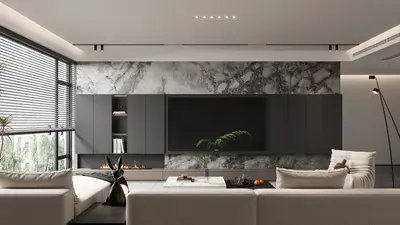 Modern Minimalist Living Room with Marble Accent Wall 3d model