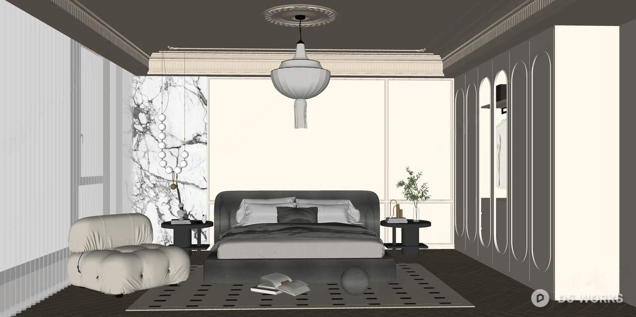 Modern Minimalist Bedroom with Geometric Rug 3d model thumbnail 2