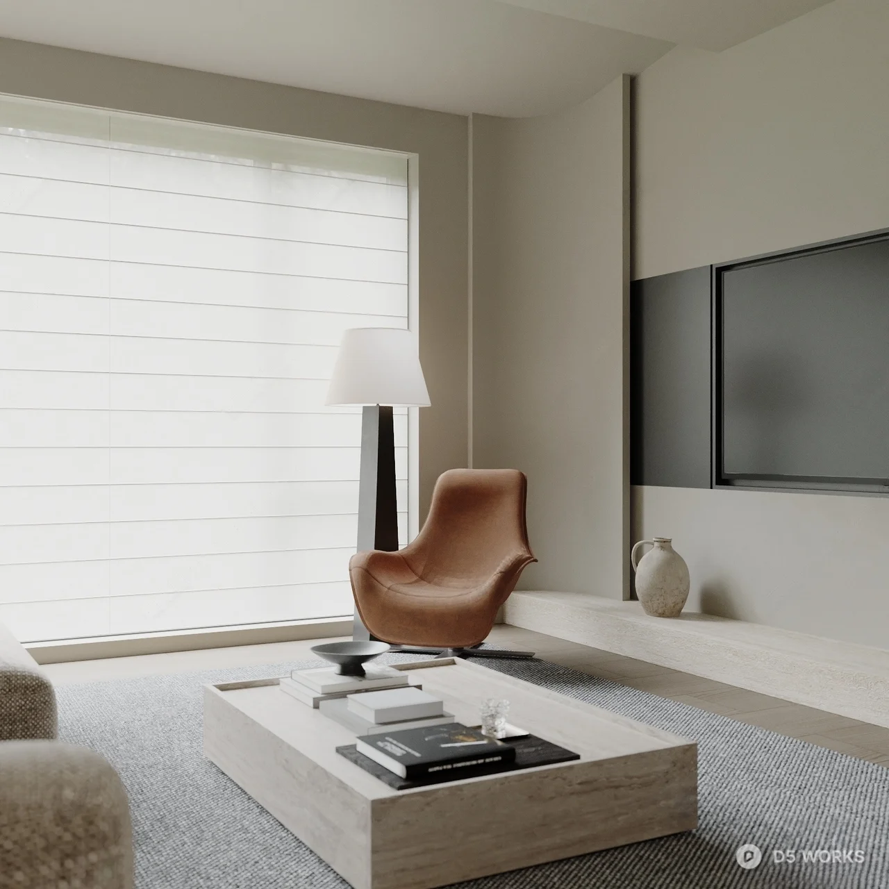 Minimalist Living Room with Dark Marble Floor 3d model thumbnail 3