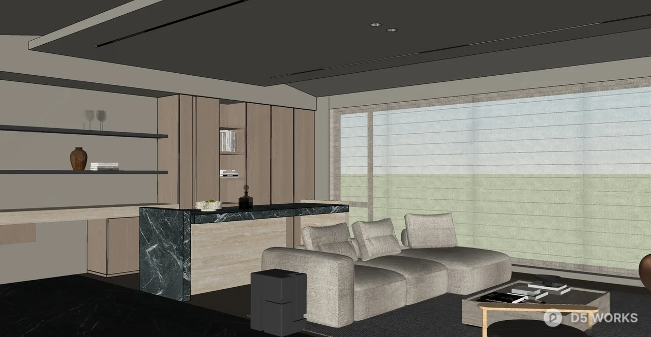 Minimalist Living Room with Dark Marble Floor 3d model thumbnail 2