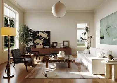 Mid Century Modern Living Room with Minimalist Decor 3d model