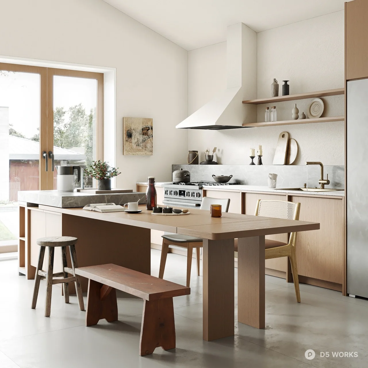 Minimalist Open Kitchen With Island Dining 3d model - Image 1