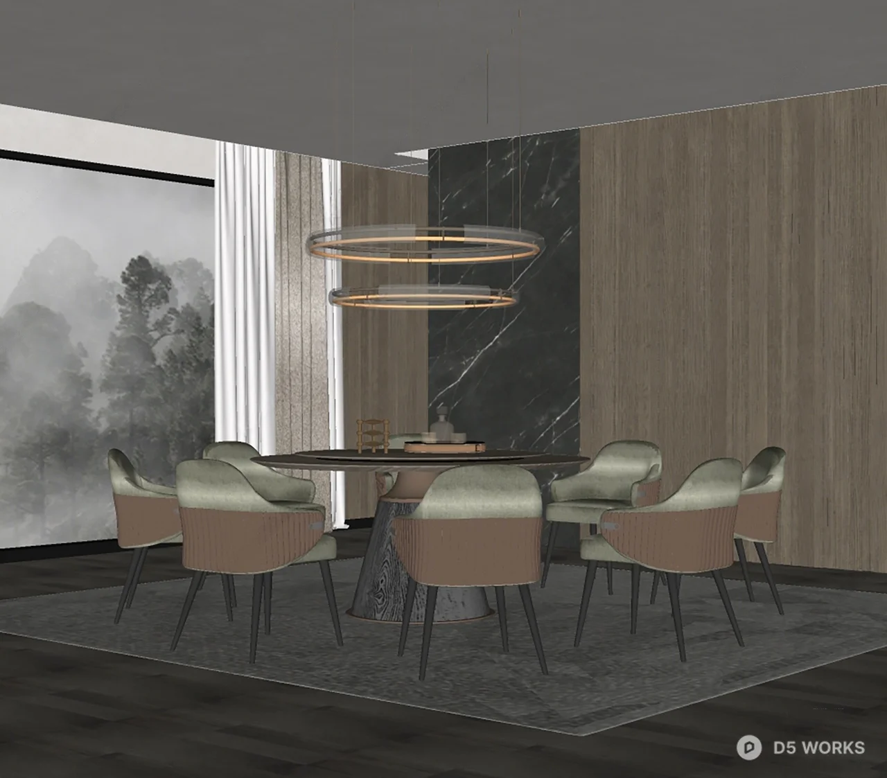 Modern Minimalist Dining Room with Ring Chandelier 3d model thumbnail 2