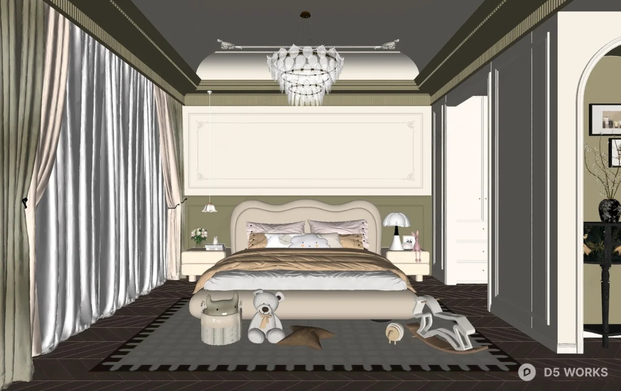 Modern Elegant Bedroom with Chandelier and Plush Rug 3d model thumbnail 2