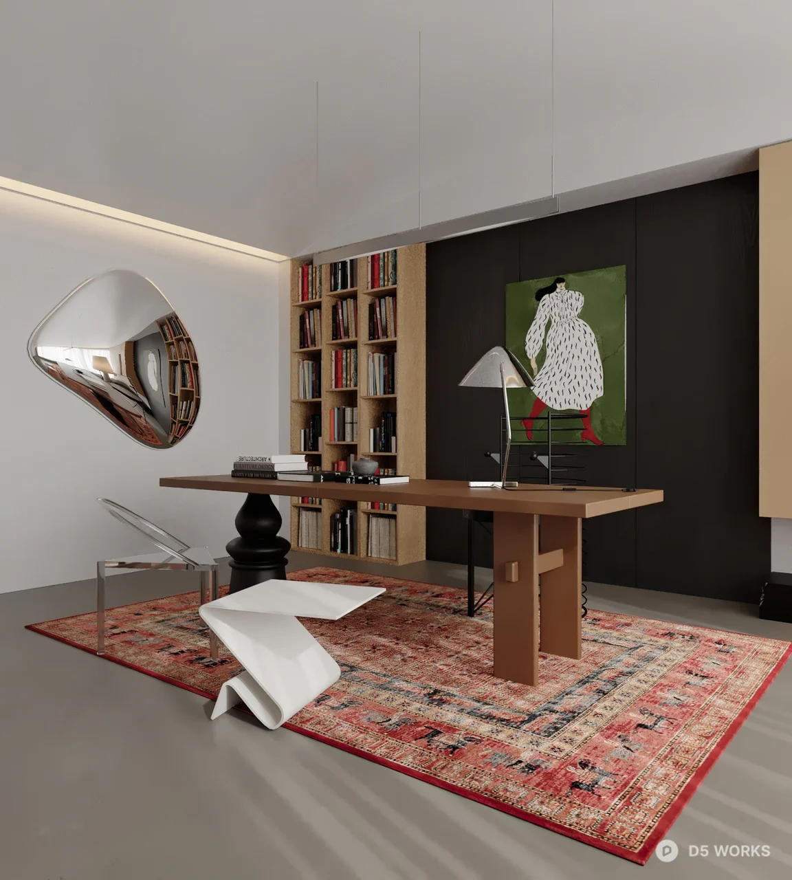 Minimalist Study Room With Bookshelf And Patterned Rug 3d model - Image 1