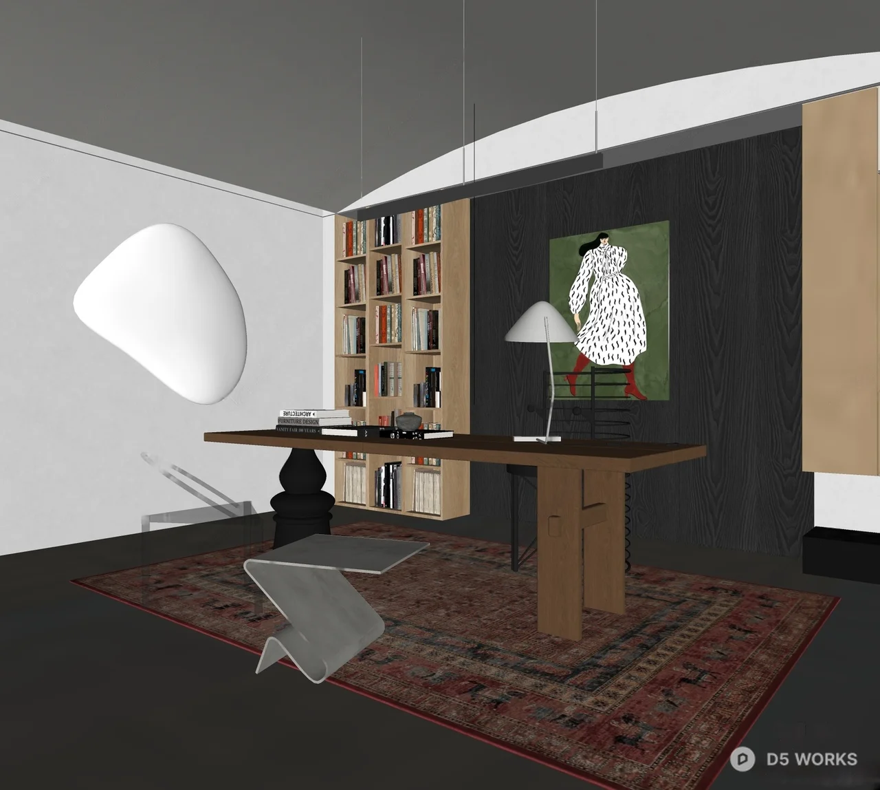 Minimalist Study Room With Bookshelf And Patterned Rug 3d model thumbnail 2