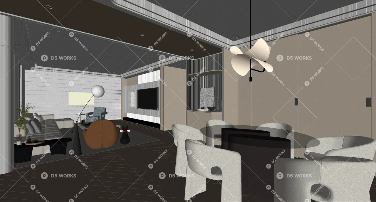 Modern Living & Dining Room 3d model thumbnail 3