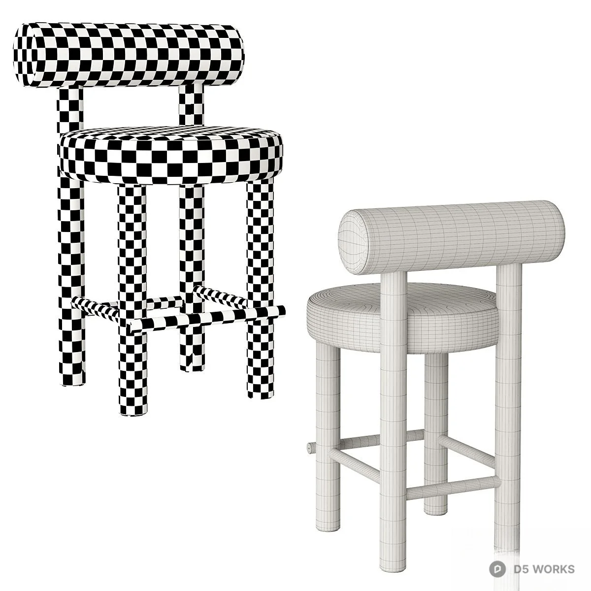 Minimalist Upholstered Bar Stool With Cylindrical Backrest 3d model thumbnail 5