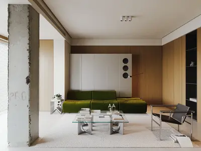Minimalist Living Room with Green Sofa and Concrete Column 3d model
