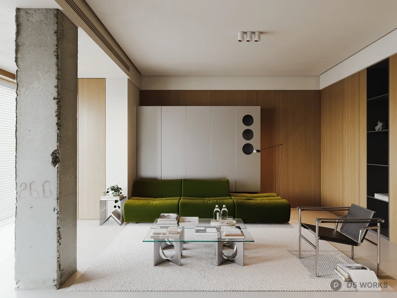 Minimalist Living Room with Green Sofa and Concrete Column 3d model - Image 1
