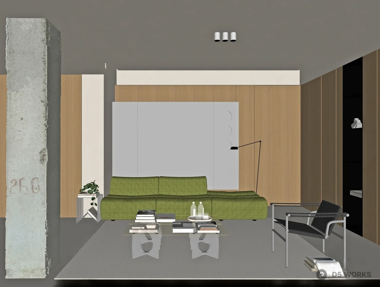 Minimalist Living Room with Green Sofa and Concrete Column 3d model thumbnail 2