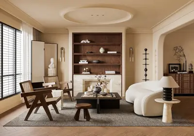 Mid Century Modern Living Room with Curved Sofa 3d model