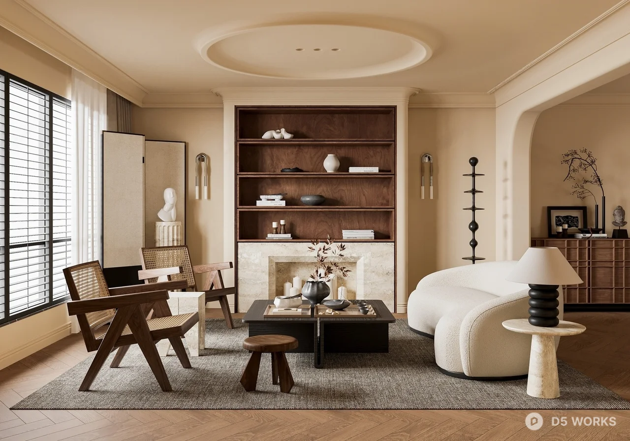 Mid Century Modern Living Room with Curved Sofa 3d model - Image 1