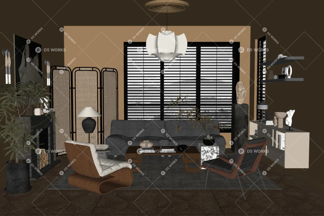 Mid Century Modern Living Room with Black Sofa and Wood Accents 3d model thumbnail 2