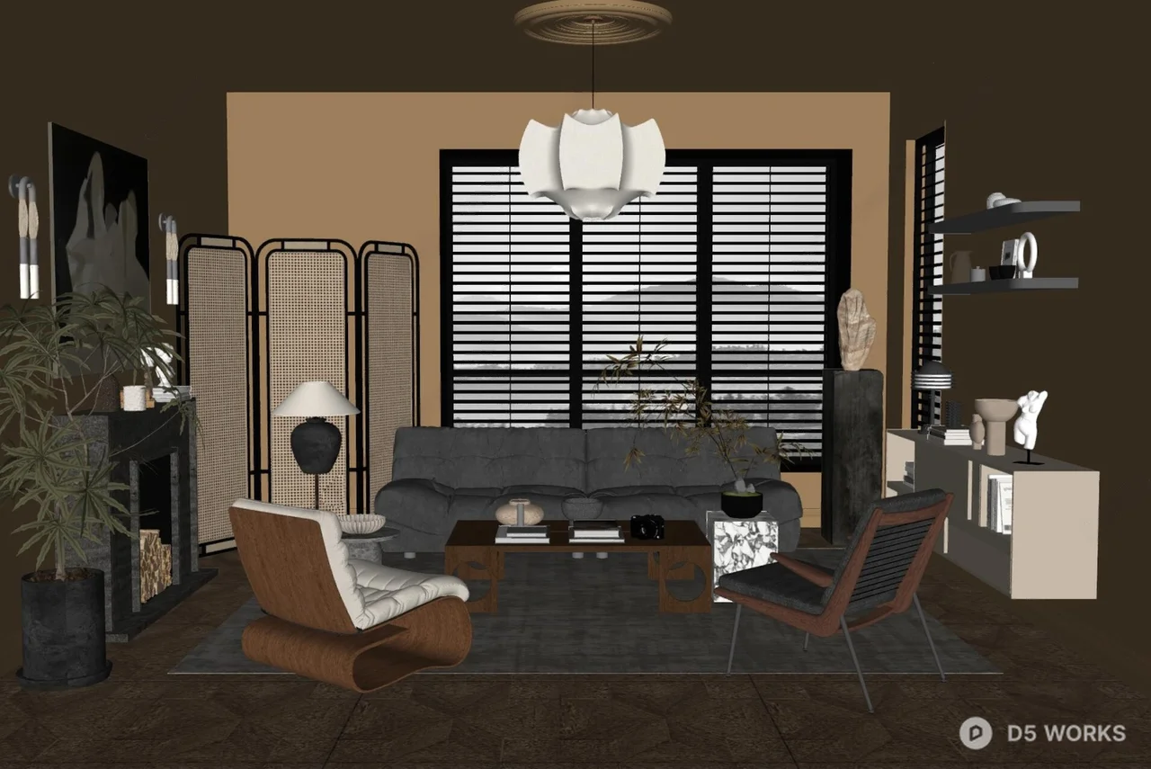 Mid Century Modern Living Room with Black Sofa and Wood Accents 3d model thumbnail 2
